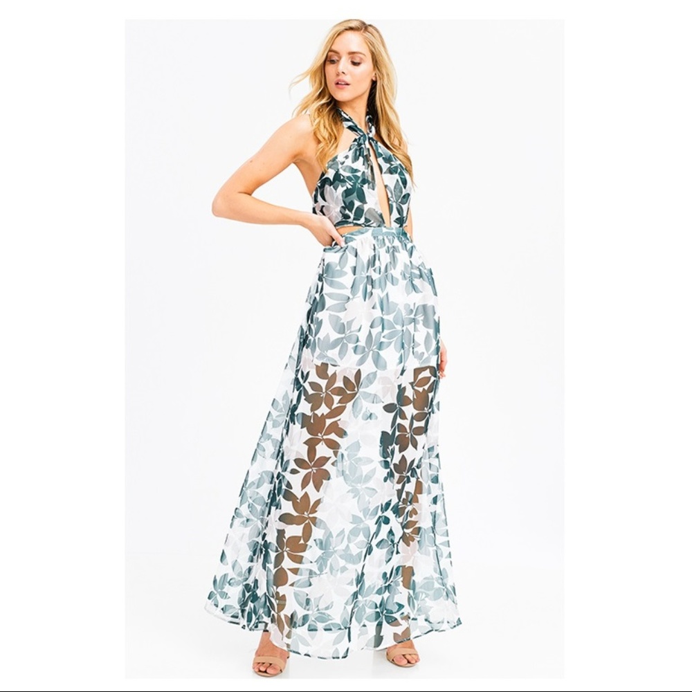 NWT Tropical Sheer Halter Maxi Dress - Picture 3 of 8